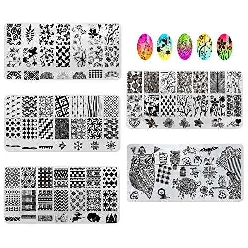 AIMEILI Nail Art Stamping Templates Manicure Tool Kit, 5pcs Nail Stamping Plates, 2 Stamper, 2 Scraper, 1 Latex Peel Off Tape