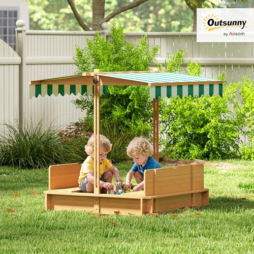Outsunny Kids Wooden Sandbox w/Adjustable, retractible Canopy & Foldable Bench Seats for 3-7 Years Old, Light Brown