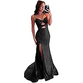 Wenlion Sparkly Spaghetti Strap Prom Dresses for Women 2026 Long Mermaid Formal Party Evening Gown with Slit