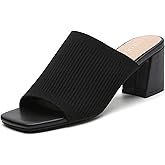 Tilocow Knit Heeled Sandals for Women, Square Open Toe Heels Sandals, Chunky Block Low Heel Slip On Mules