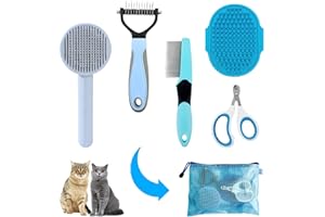 Cat Brush Grooming Kit 5pcs - Cat Brush for Shedding & Matted Fur, Self-Cleaning Brush with Flea Comb for Indoor Cats, Brush 