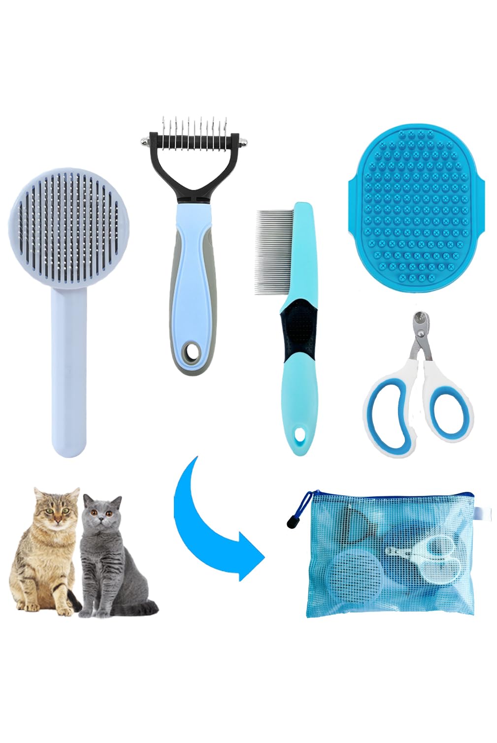 Photo 1 of Grooming Brush Kit - 5pcs for Shedding & Matted Fur, Self-Cleaning with Flea Comb for Indoor Long-Haired Cats, Blue