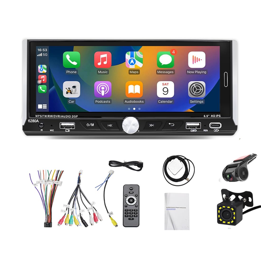 Single Din Android 13 Car Stereo with Wireless Carplay & Android Auto, 6.9 Inch Touchscreen Radio Player Support GPS WiFi Bluetooth FM RDS Mirror Link+Backup Camera+DVR