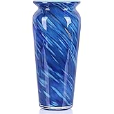 PlivBloom Blue Hand Blown Glass Vase – Tall Speckled Decorative Centerpiece in Murano Style for Dining Table, Coffee Table, Mantel, Entryway, or Bookshelf in Coastal or Modern Decor (Blue)