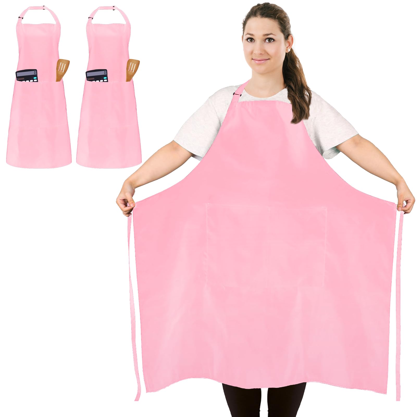 FunChaos 2 Pcs Plus Size Chef Apron, Pink Apron, Unisex Aprons with 2 Pockets for Cooking, Grilling, BBQ, Work, Professional Aprons for Waiter Artist Hairdresser (Large Size)