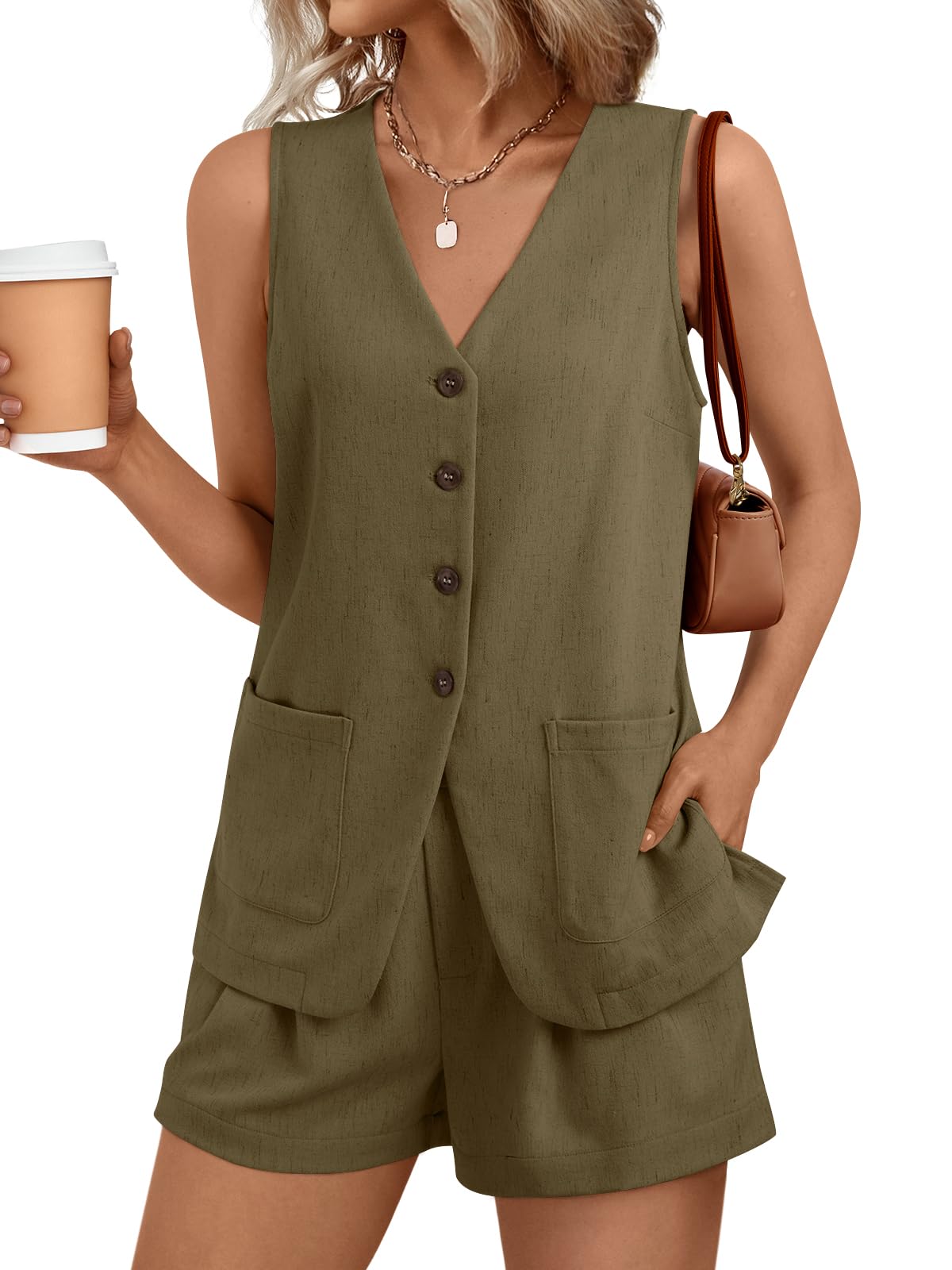 Photo 1 of AUTOMET Summer Sets for Women Two Piece Vacation Outfits Short Set Button Down Business Casual Dressy 2 Piece Clothes 2025 Camel M