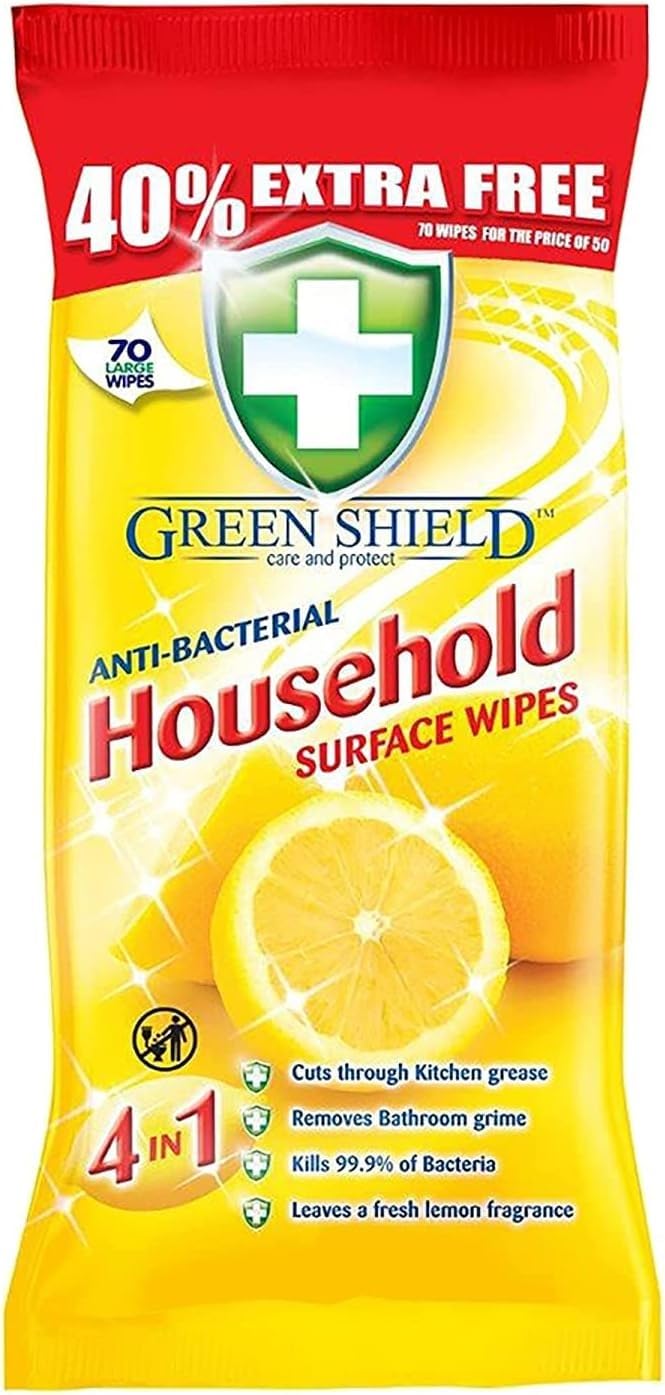 Greenshield, Large Antibacterial Household Surface Cleaning Wipes, Lemon, 70 Count