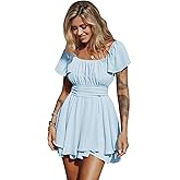 EXLURA Women's 2026 Summer Ruffle Short Sleeve Tie Back Romper Dress Square Neck A Line Cute Dressy Short Jumpsuits