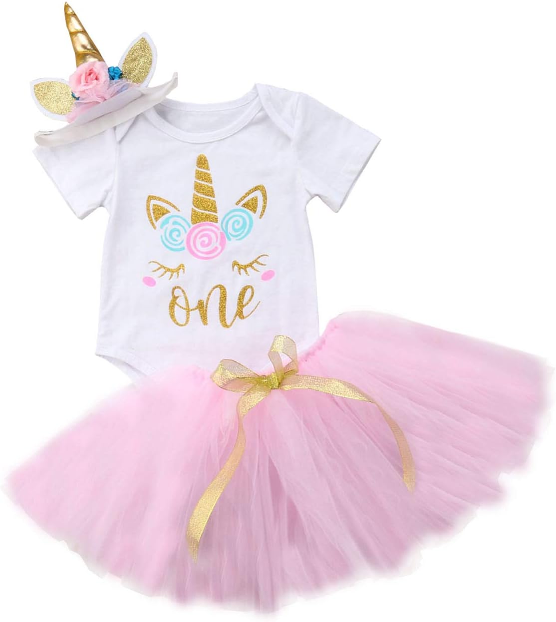 Baby Girls 1st Birthday Tutu Dress Outfit Short Sleeve Unicorn Romper+Lace Skirt+Headband 3Pcs Clothes