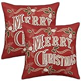 GRELUCGO Set of 2 Embroidered Christmas Holiday Throw Pillow Case Cover, Decorative Sofa Cushion Covers, Square 18 x18 Inch