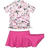 Cadocado Girls Swimsuit Rash Guard Girls' Swimwear Short Sleeve Bathing Suit 3 Pieces Kids Floral Swim Set with Skirt