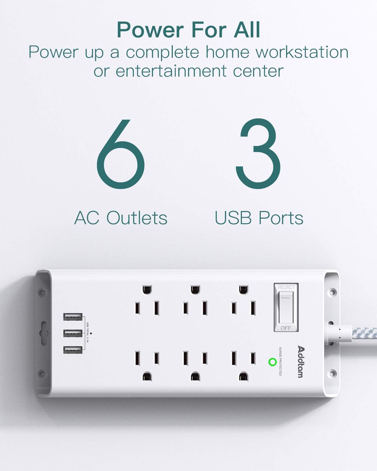 Power Strip Surge Protector, Addtam 6 Outlets and 3 USB Ports 5Ft Long Extension Cord, Flat Plug Overload Surge Protection Outlet Strip, Wall Mount for Home, Office and More, ETL Listed: Electronics