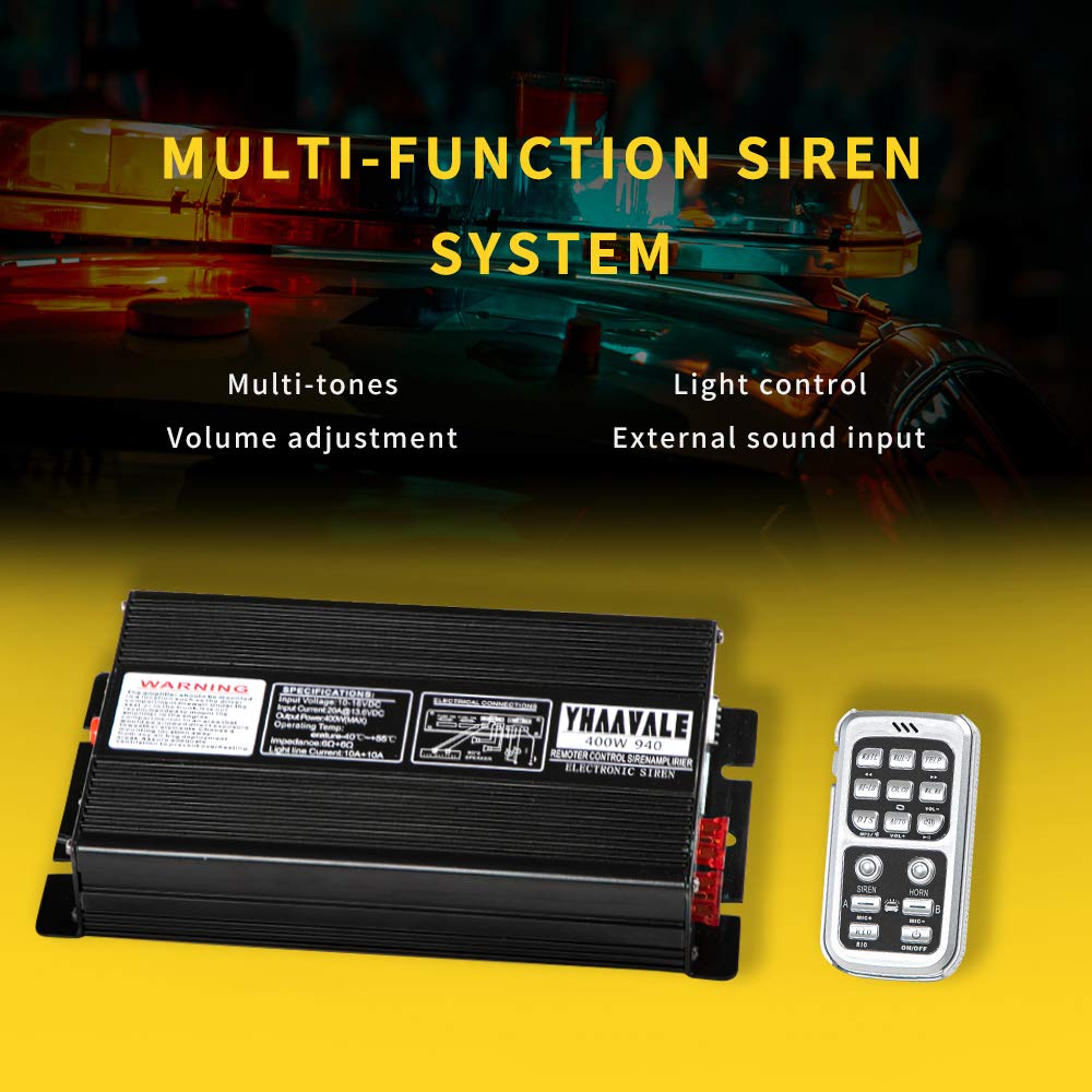 YHAAVALE Car Police Siren 400W Signal Division PA System 940 Wireless Amplifier+2pcs Ultra Slim Metal Speaker Electronic Emergency Horn Sound System for Police Cars Fire Trucks