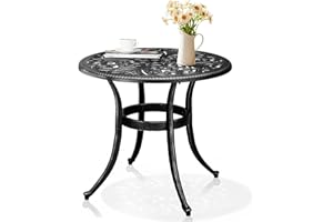 Outvita Patio Side Table, 23.6in Outdoor Round Cast Aluminum Bistro Table with Umbrella Hole and Antique Design for Backyard Porch Pool Balcony Deck Black