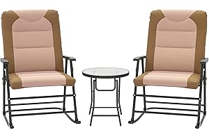 Outsunny 3pc Patio Foldable Rocking Chair Set, Outdoor Rocking Chairs and Table Bistro Set w/Padded Seat, Headrest, Backrest 