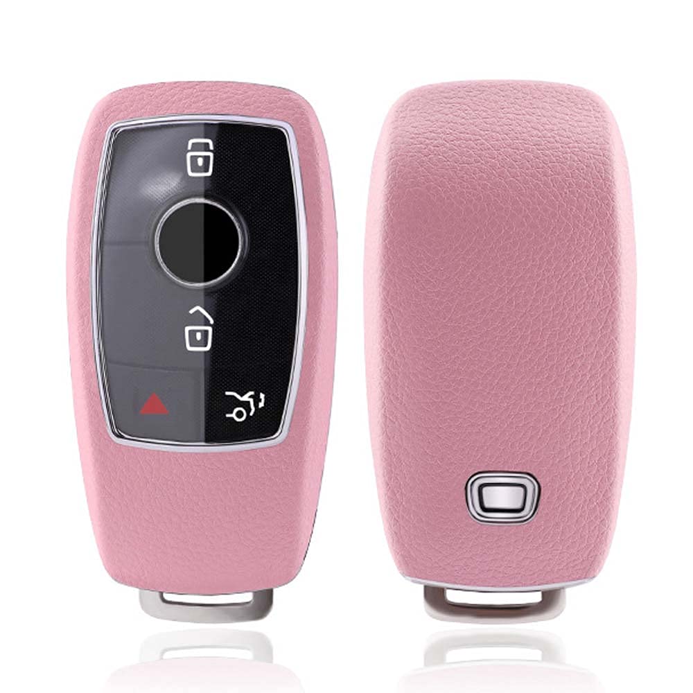 HIBEYO Smart car key case suitable for Mercedes Benz cover remote key case key case key box for Mercedes E S Class A CLA GLA GLE GLC GLK AMG key fob (pink leather), 3 Tasten