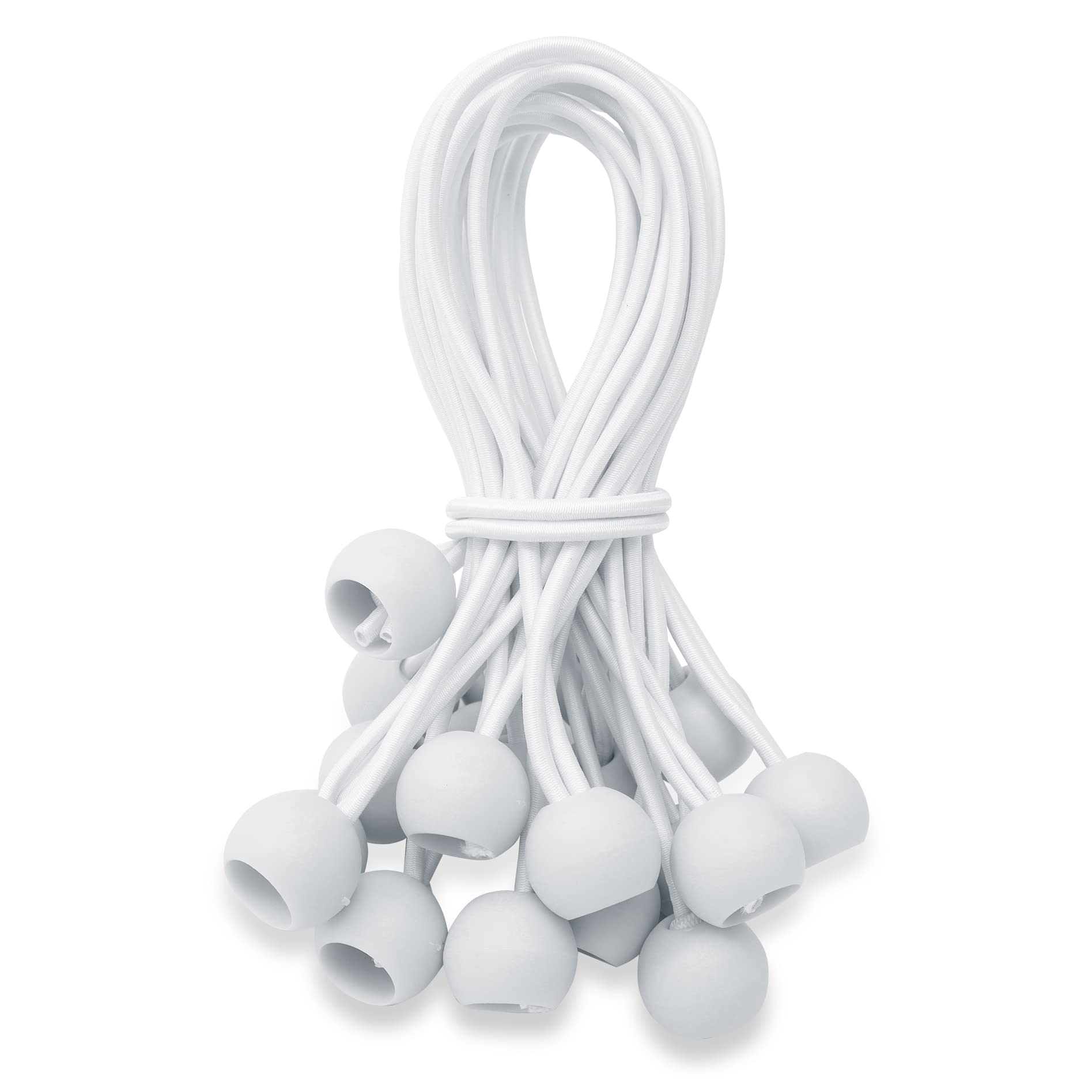 EMEKIAN Tarpaulin Bungee Balls 20pk, 6" / 15cm Heavy Duty UV Resistant Tarp Bungee Cord with Balls, Elastic Ties Bungee Strap Ties Balls for Tarpaulin, Banner, Camping, Tent, Flag Poles, White
