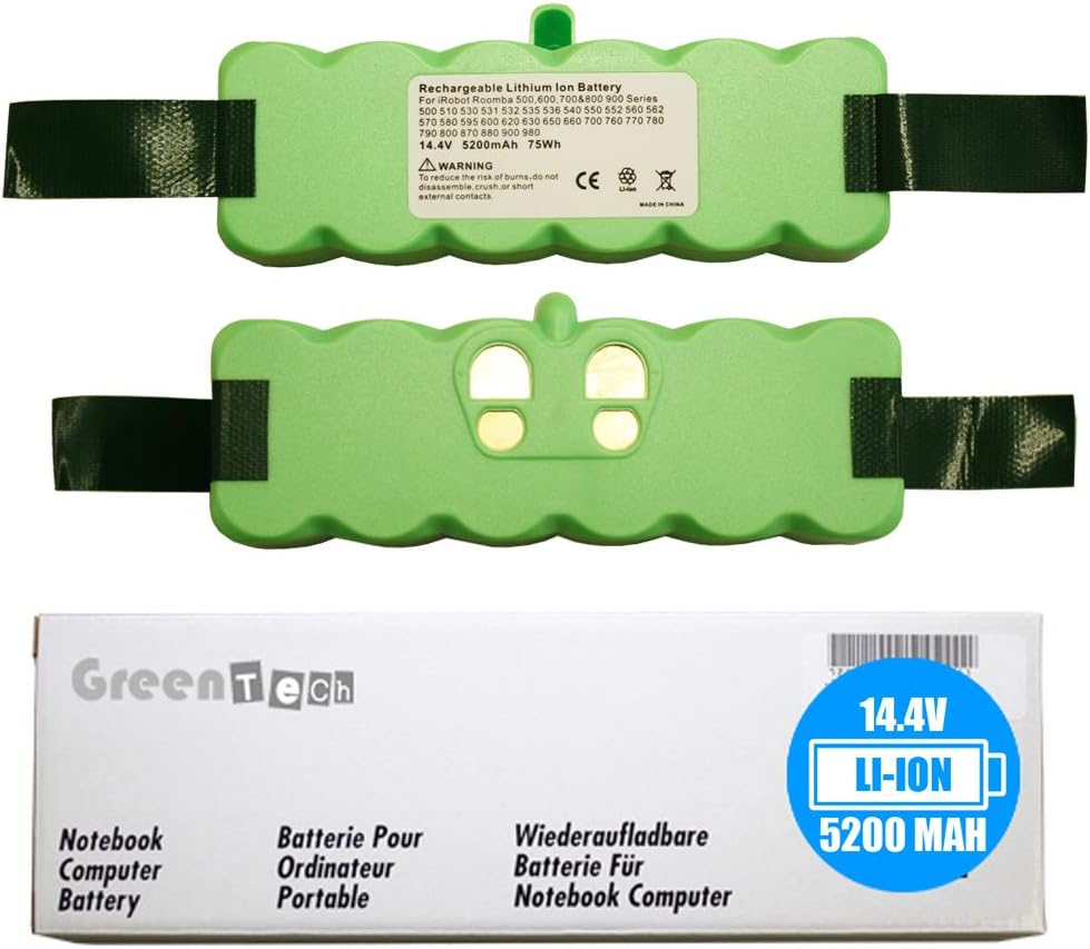GreenTech New 4419696 Replacement Battery for iRobot Roomba 500 510 530 531 532 535 536 540 550 552 560 570 580 595 600 620 650 660 700 760 770 780 790 800 870 900 980 - LiIon 14.4V 5200mah 75Whr