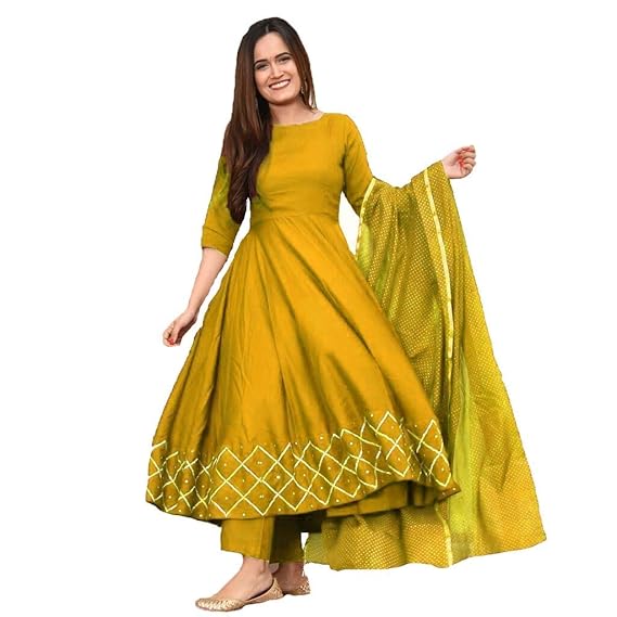 Women's Yellow Color Gold Printed Rayon Flared Kurta with Dupatta Set (KUMT-Dress-Yellow)