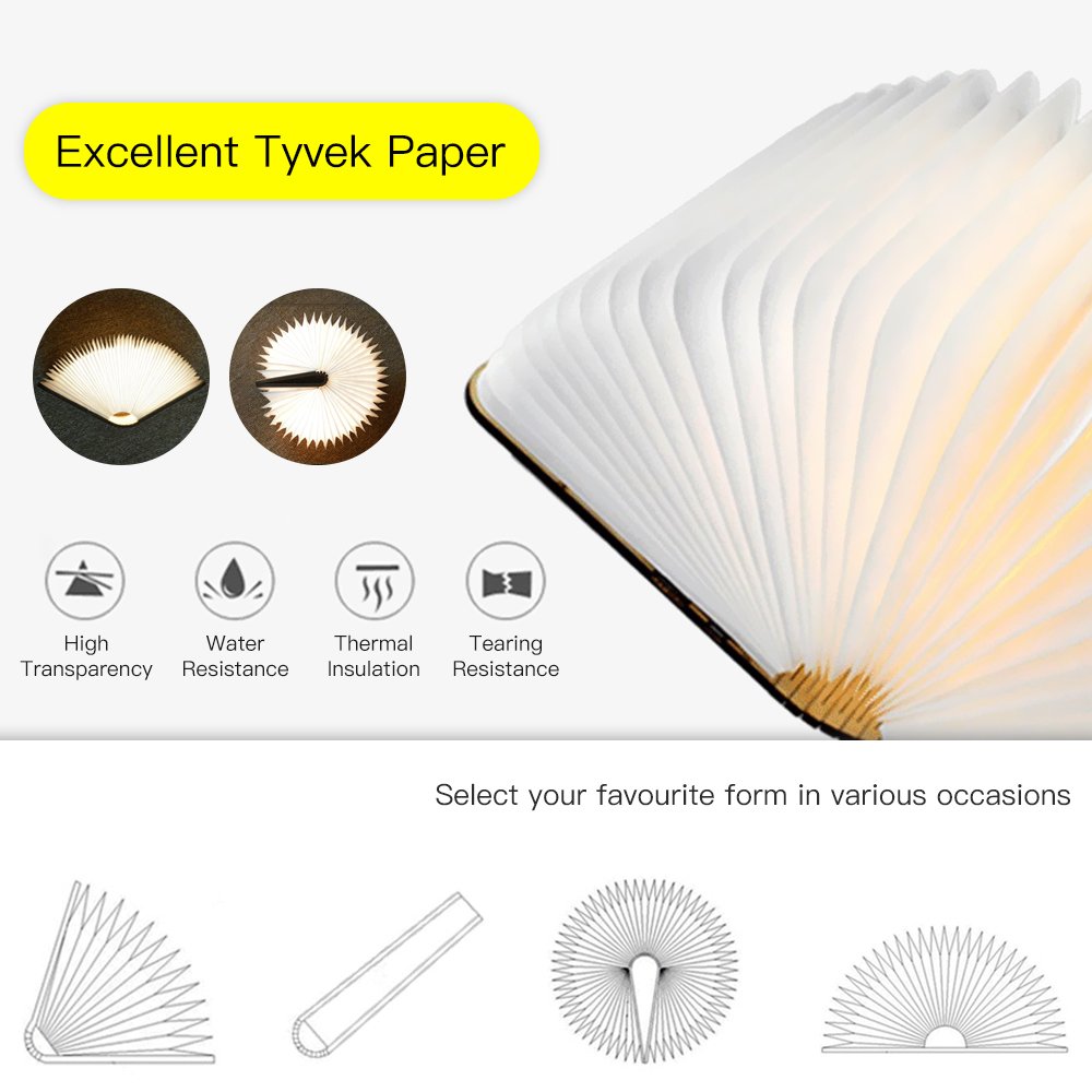 Tomshine Stimmungsbeleuchtung,Buch Lampe,Nachttischlampe,Tischleuchte,Warmweiß aus Holz,Papier mit USB-Kabel,Batteriebetriebene 500LM/500mAh,360°Faltbar