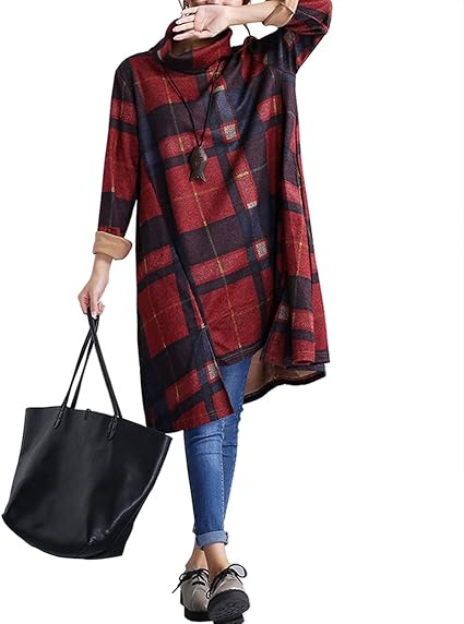 Amazon Co Jp 大きいサイズ ラシャ チェック 格子柄 ハイネック 長袖 カジュアル カラフル ワンピース レディース 秋 冬 春 紺色 オレンジ Xxl 服 ファッション小物