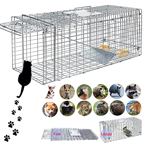 Stray Animal Trap Large Foldable Humane Homeless Cat Trap with Metal Crate | 2 Doors Catching/Release Stray Cats and Dogs, for Raccoon Bobcats Beavers Groundhogs Opossums Armadillos Outdoor