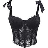SHYMMUO Lace Corset Tops for Women Bustier Crop Top Sexy Lingerie Ribbon Straps Camisole