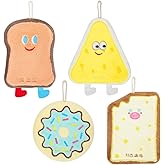 QLFJ-FurDec 4 Pcs Cute Hand Towel with Hanging Loop, Soft Absorbent Coral Fleece Creative Hand Towels, Quick Dry Cheese Toast Cracker Donuts Cartoon Theme Gadgets for Kitchen, Bathroom