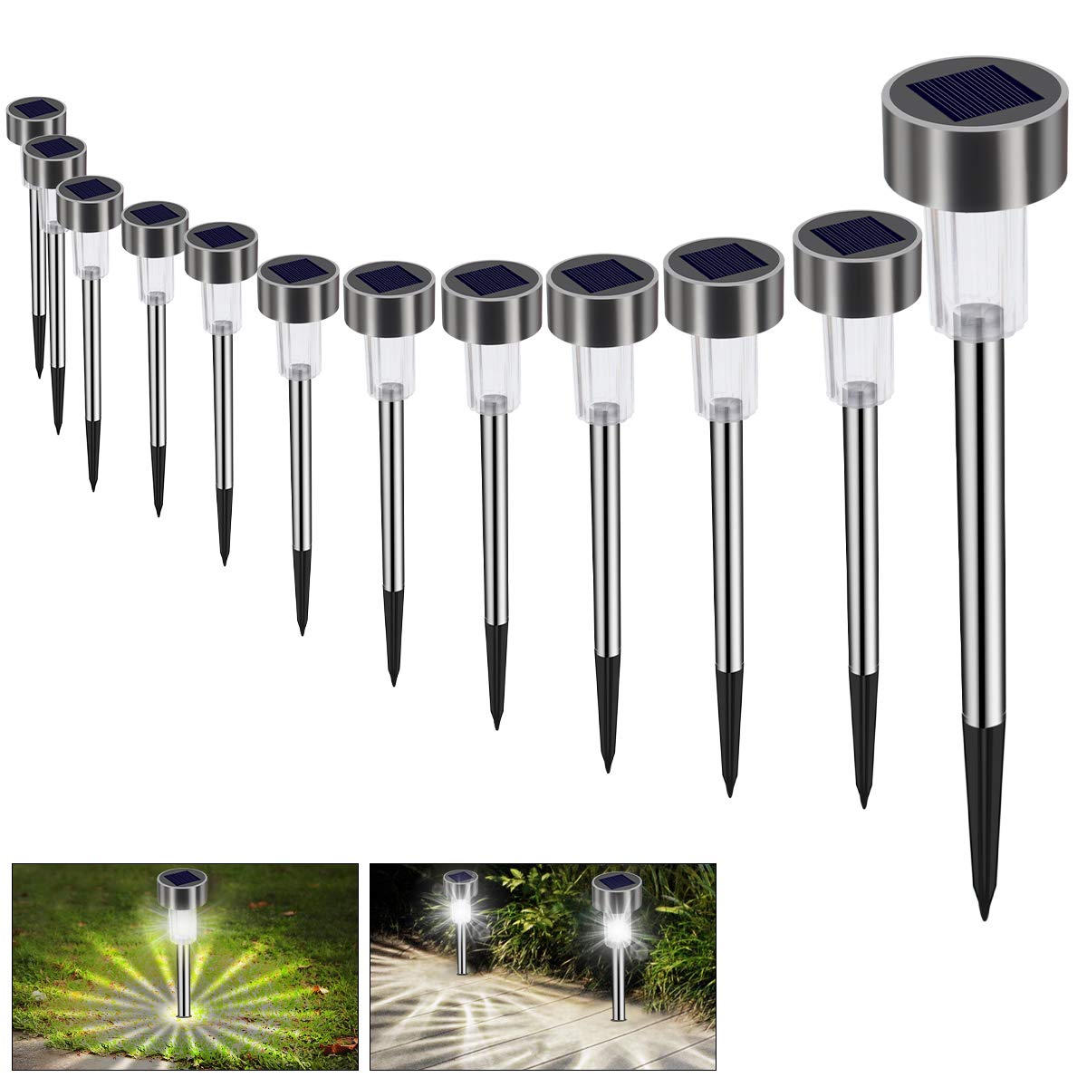 Bawoo Outdoor Garden Solar Lamp 12pcs LED Solar Lights Garden Lamps for Lawn LED Solar Ground Lamps IP65 Waterproof Solar Spotlights Light Stainless Steel Landscape Roads (Cool White)