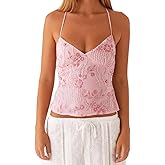 Fuimsul Women Sexy Tie Back Sequin Rhinestone Cami Shirt Summer Y2k Skinny Sleeveless V Neck Open Back Sparkly Tank Top