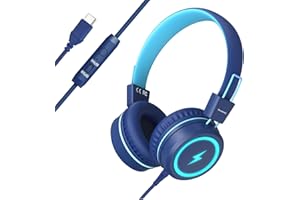 Bywulanda Kids Headphones with LED Lights for School, Upgrade USB Type C Kid Headphone with Microphone, Volume Limiter 85/94dB, Wired On Ear Headphones for Boys/Girls/Tablet/Travel -Blue