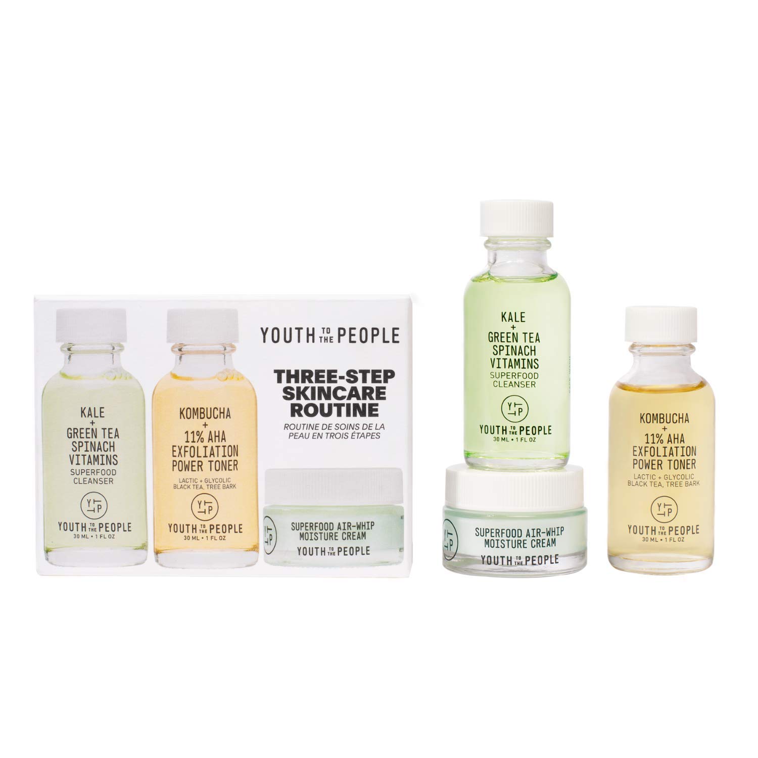 Youth To The People Mini Three Step Skincare Set - Clean Skincare Set - Superfood Cleanser (1oz) + Kombucha + 11% AHA Exfoliation Power Toner (1oz) + Superfood Air-Whip Moisture Cream (0.5oz): Beauty