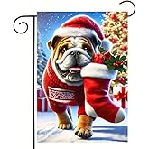 Christmas Dog Garden Flag English Bulldog with Santa Hat Yard Flag 12x18 Inch Double Sided for Outside Winter Holiday Decorations Banner Front Porch Yard Lawn Decor