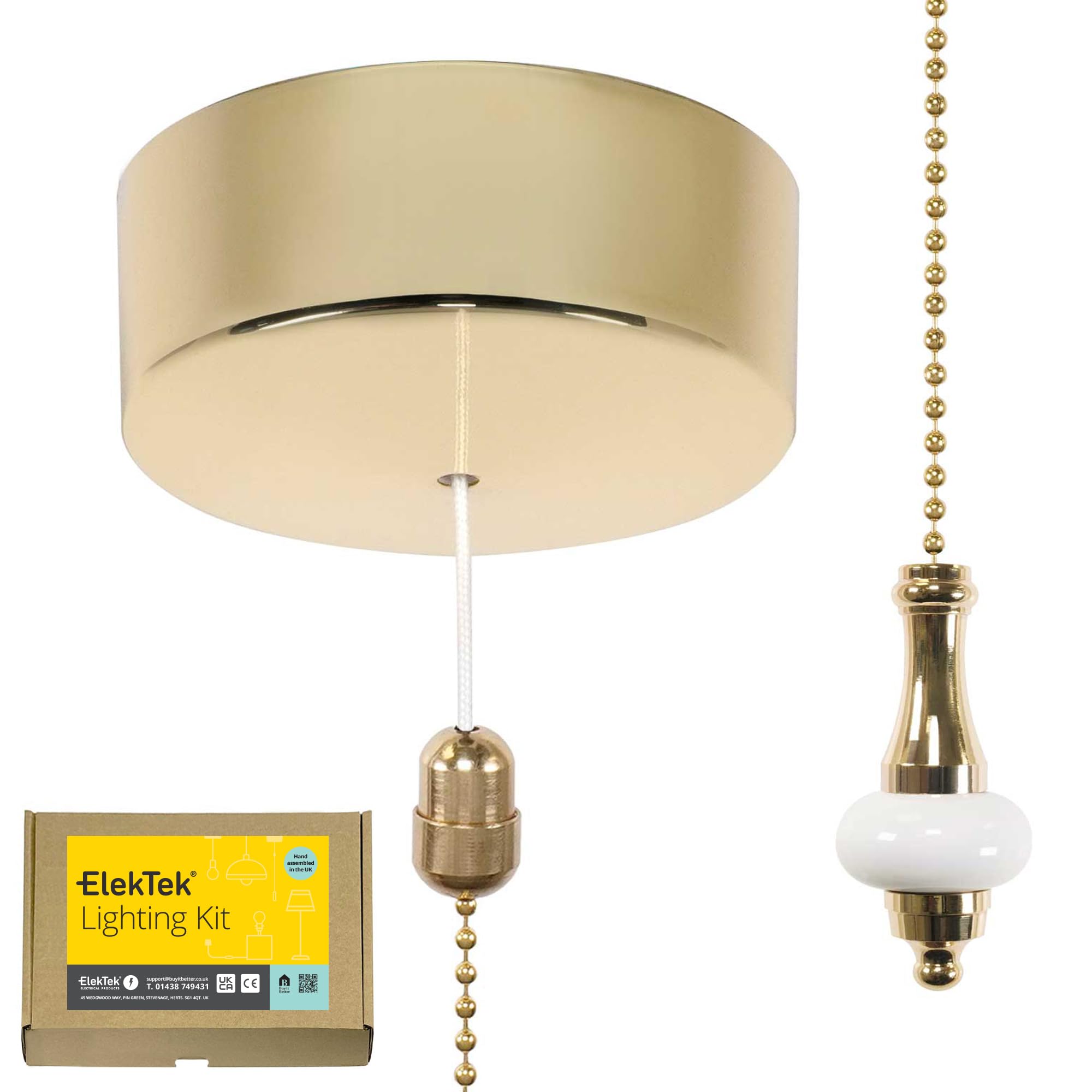 ElekTek UK Safety Approved Polished Brass Bathroom Light Pull Switch Kit, Metal & Ceramic White Disc Fob + Brass Chain, EN 60669-1 & CE Mark, Earth Terminal, 6A 250V, 1 or 2 Way, Wiring Instructions