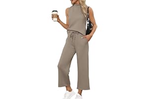SAMPEEL Two Piece Sets for Women Summer Outfits Lounge Sets Mock Neck Tops Wide Leg Crop Pants Vacation Travel Outfits