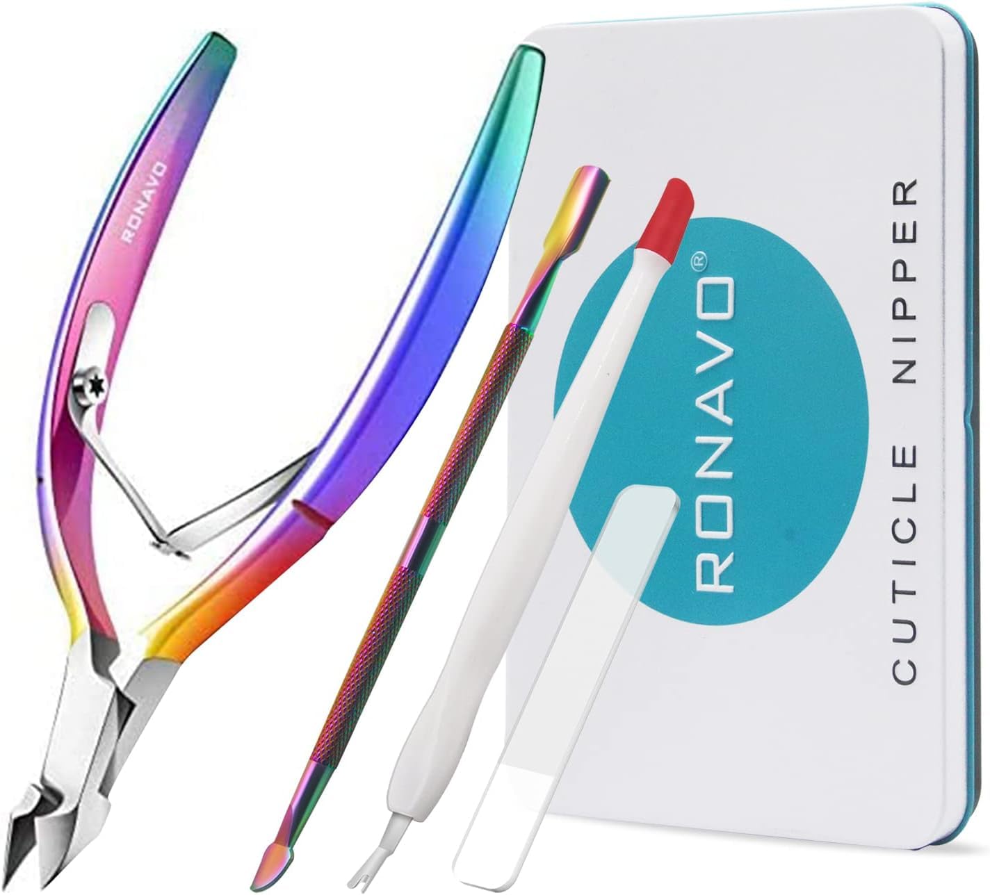 RONAVO Cuticle Remover Set - Includes Cuticle Nippers, Cuticle Pusher, Glass Nail File, Cuticle Cutter.Professional Cuticle Trimmer Kit Stainless Steel Extremely Sharp Cutter Pedicure Manicure Tool