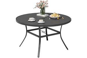 MELLCOM 42'' Round Outdoor Dining Table for 4, Metal Patio Dining Table with Umbrella Hole, All-Weather Black Table for Porch
