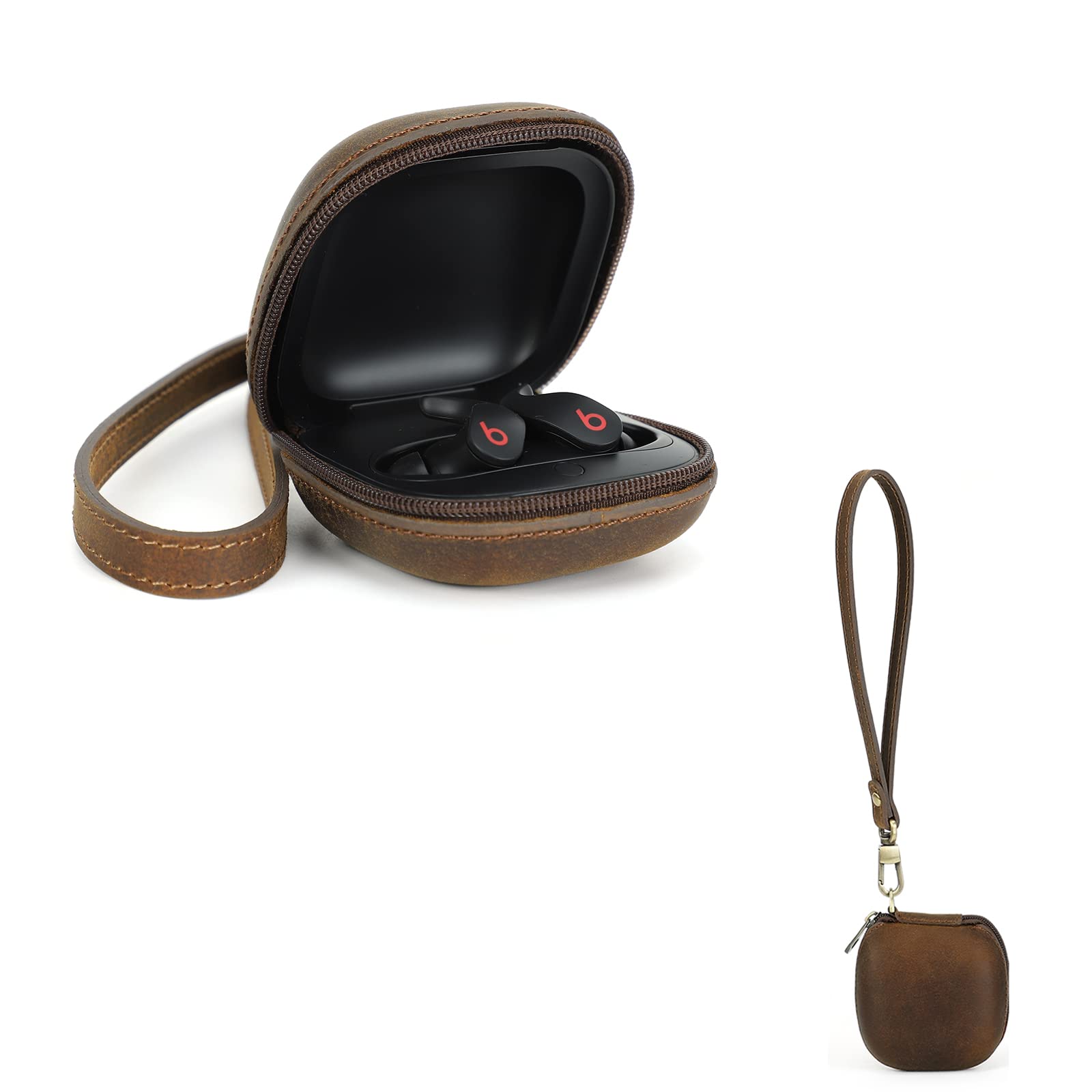 Hiram Leather Earphone Case Shockproof Genuine Leather Cover for Beats Fit Pro Wireless Headphone Protective Case with Charging Port and Wrist Strap (Coffee)