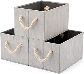 EZOWare 3 pcs Cajas de Almacenaje, Caja Decorativa de Tela Plegable Resistente con Manijas para Ropa, Juguetes, Armario, Dormitorio, Estanterías y Mas - Color Gris Natural 