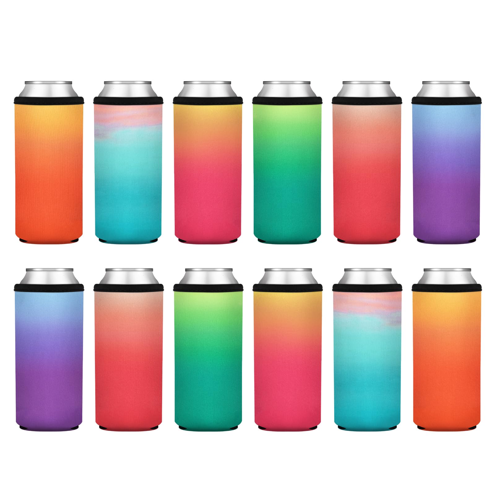 Photo 1 of 12 Pack Insulated Slim Can Cooler Sleeves, Sublimation Neoprene Iced Drink Holder for Cold Beer or Soda, 12oz Skinny Tall Beverage covers for Summer Parties, Wedding Supplies(Gradient Set)