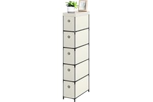 SEHERTIWY 5 Drawer Narrow Fabric Dresser, Beige Storage Drawer Units for Lightweight, Vertical Slim Chest Nightstand for Bedroom Living Room Entryway Home Office
