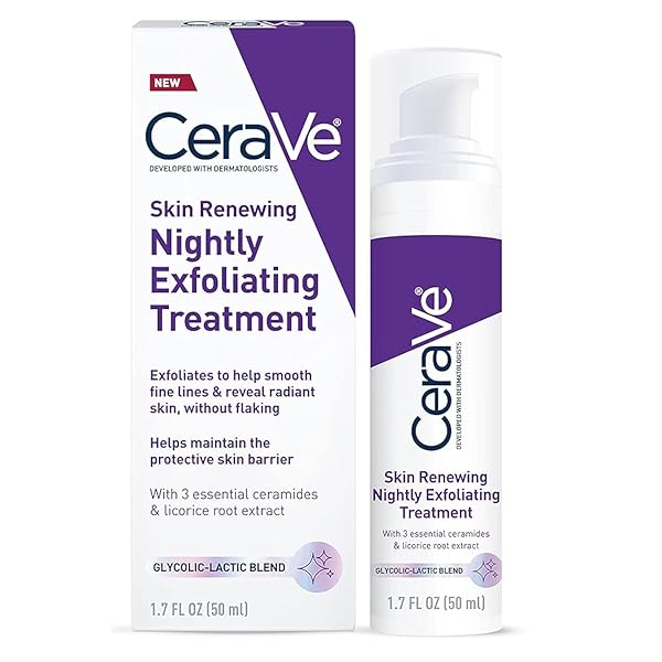 CERAVE SKIN RENEWING NIGHTLY EXFOLIATING TREATMENT, ANTI AGING SERUM WITH 5% BLEND OF GLYCOLIC ACID & LACTIC ACID, WRINKLES & DARK SPOT CORRECTOR FOR FACE, EXFOLIATING GEL, 1.7 OZ