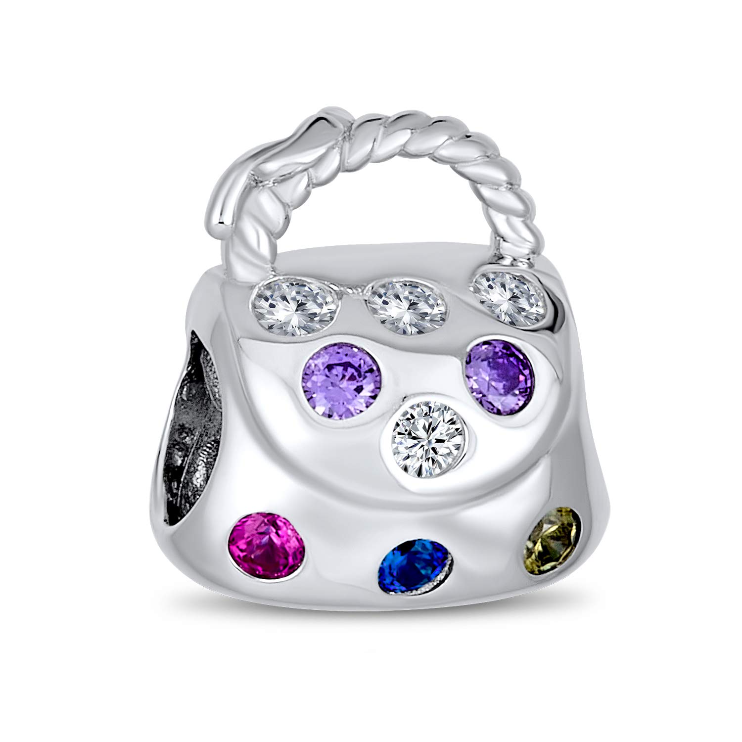 Fashion Multicolor CZ Clutch Purse Pocketbook Hand Bag Charm Bead For Women For Teen Oxidized Gold Plated .925 Sterling Silver Fits European Bracelet