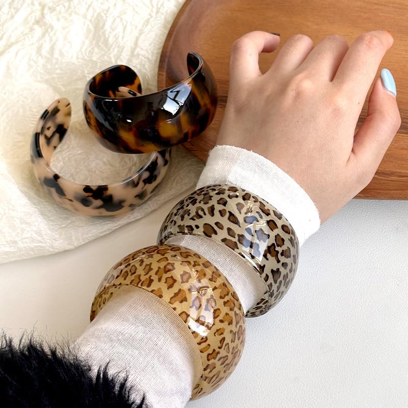 MMIUAEG Leopard Print Chunky Acrylic Cuff Bracelet for Women - Wide Geometric Open Bangle Jewelry