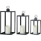 HPC Decor Black Metal Candle Lanterns Set of 3- Lanterns Decorative w/Flickering Timer Candles- 16.5'' 13'' 10'' Chunky Large