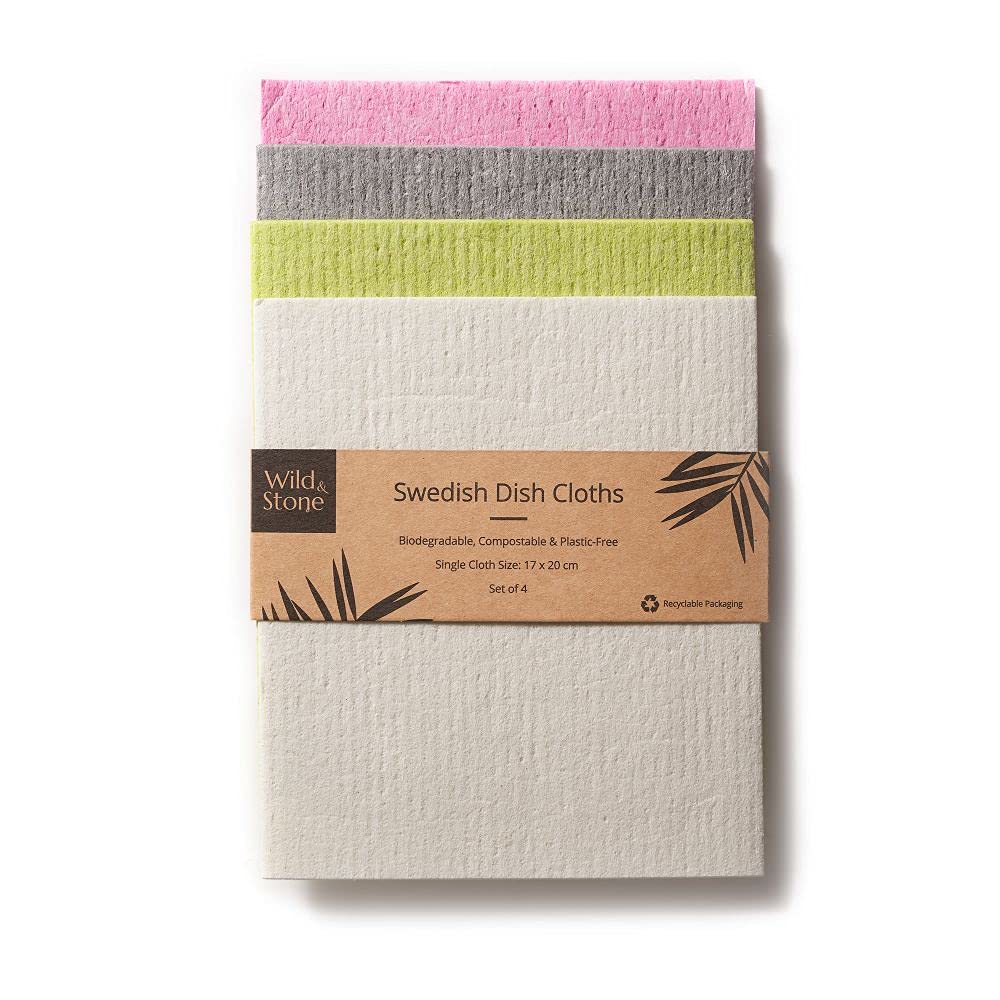 Wild & Stone | Swedish Dishcloth | Eco-Friendly Sponge Cloth | Biodegradable Cleaning Cloths | Reusable Sponge | Kitchen Cloth | Eco Cleaning | Paper Towel Alternative (1 x 4-pack)