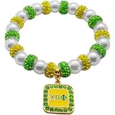 muiot Fashion CHI ETA PHI Letter Sorority Women's Enamel Pendant Yellow Green Rhinestone Bead Imitation Pearl Elastic Bracelet