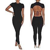 Bodycon Jumpsuits for Women Sexy Backless Short Sleeve High Waisted One Piece Outfits Skinny Catsuits