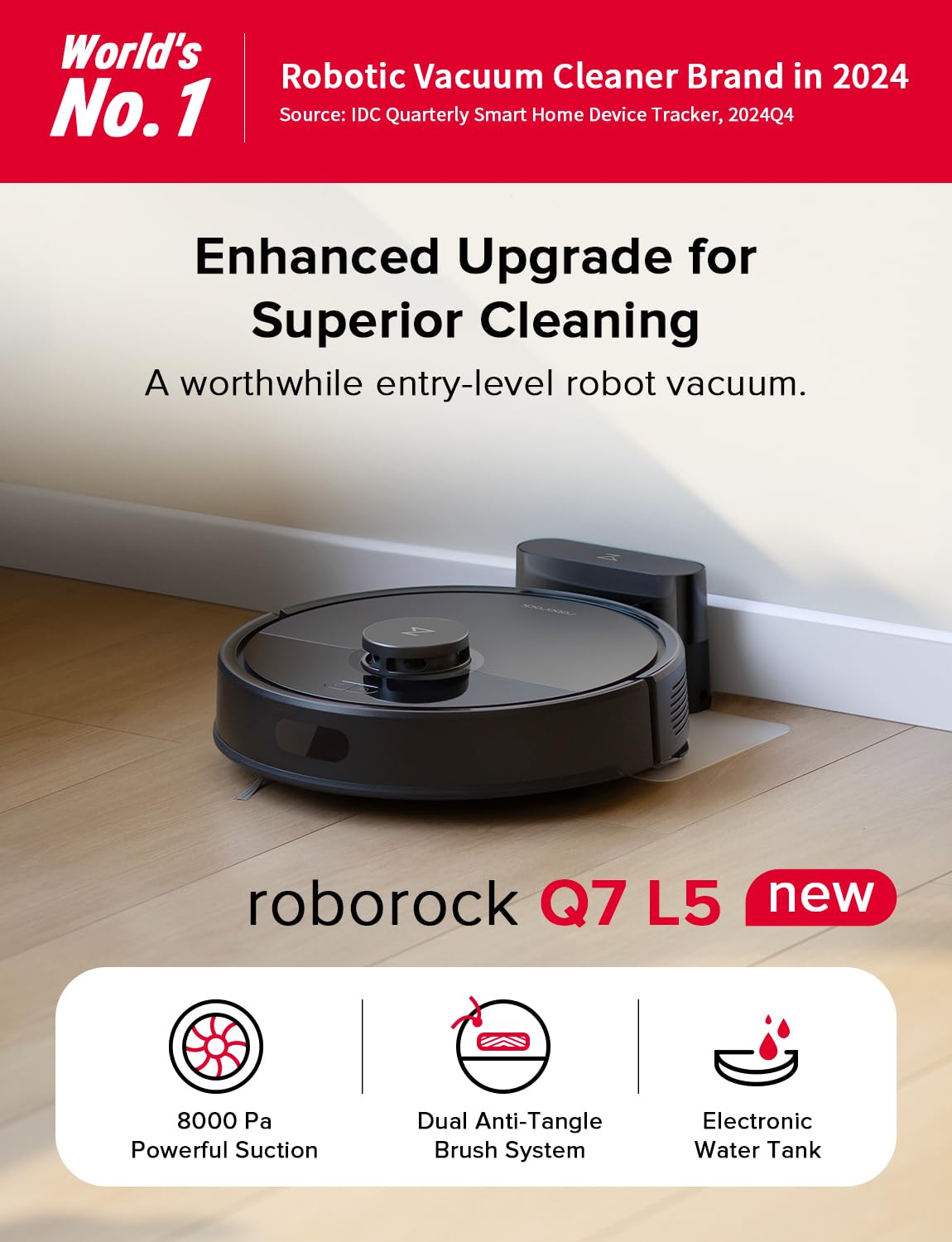 roborock Q7 L5 Robot Aspirador y Trapeador Combo, Succión 8000Pa, Actualizado desde Q5 Pro, Sistema Dual Anti-Enredos, Navegación LiDAR, Mapeo Multinivel, Aspirador Robótico Autocargable, Negro