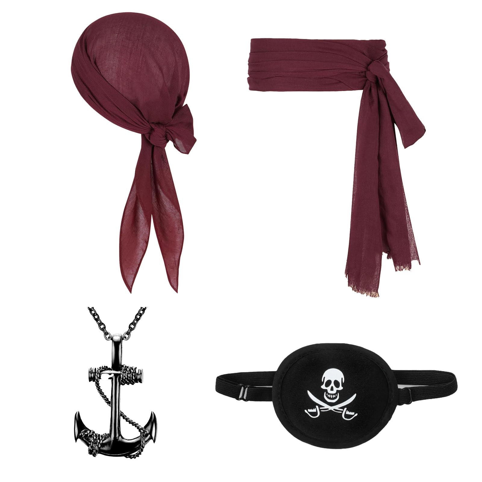 FUIPVGI 4 Pcs Pirate Captain Costume Accessories, Pirate Bandana and Sash Belt, Eye Patch and Anchor Pendant Chain, Renaissance Captain Costume for Halloween Party (Wine Red)